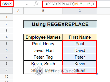 final table for regexreplace to remove text after character in google sheets