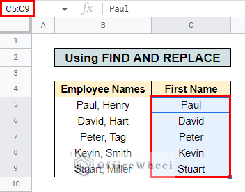 final output of remove text after character in google sheets using find and replace