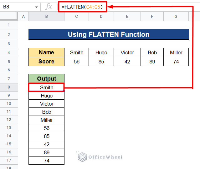 Apply FLATTEN Function in Google Sheets to Transpose Multiple Rows into One Column