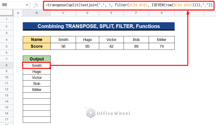 Combine TRANSPOSE, SPLIT, TEXTJOIN, FILTER, ISEVEN, ISODD and ROW Functions to Get Results in Single Column