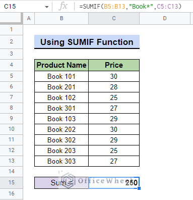 final result after using wildcards to sum with sumif function for How to Use Wildcard with IF Condition in Google Sheets