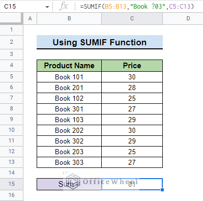 final result after using wildcards to sum with sumif function