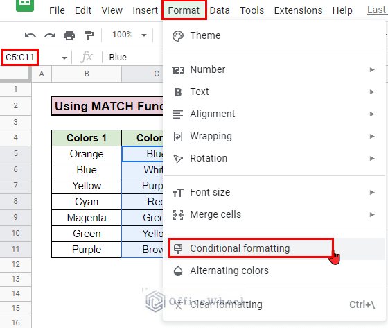 Conditional formatting location for highlight duplicates in google sheets two columns