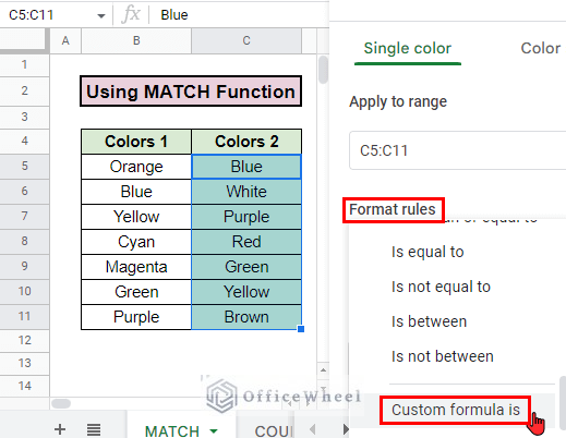 selecting option for format rules