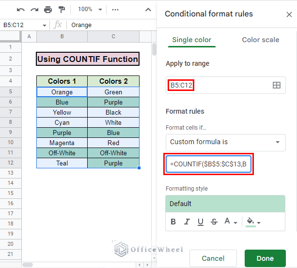 applying countif formula