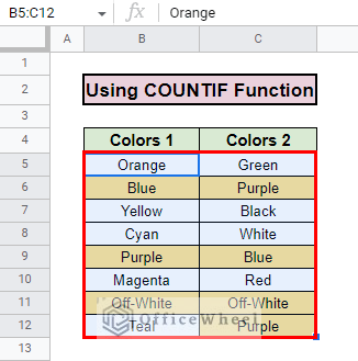 final output to highlight duplicates in two columns in google sheets