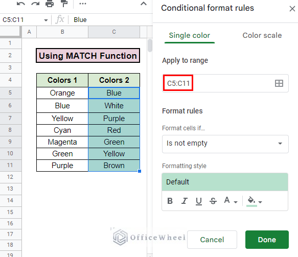 indicating range for highlight duplicates in two columns in google sheets using match
