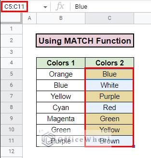 final output to highlight duplicates in two columns in google sheets using match function