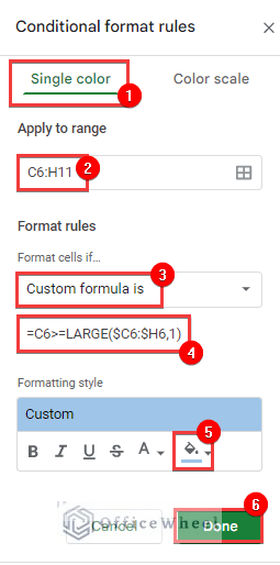 Utilizing LARGE Function with Conditional Formatting in google sheets