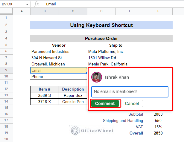 use of keyboard to add comment in google sheets
