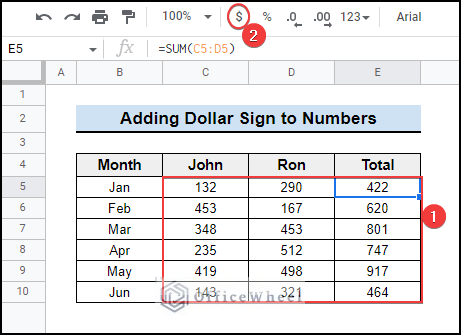 Insert Dollar Sign to Numbers in Google Sheets