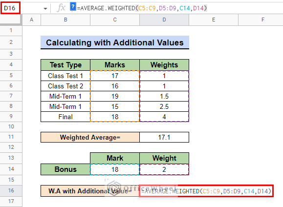 input formula for calculating weighted average with additional values