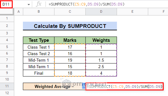 input formula for calculating weighted average by sumproduct