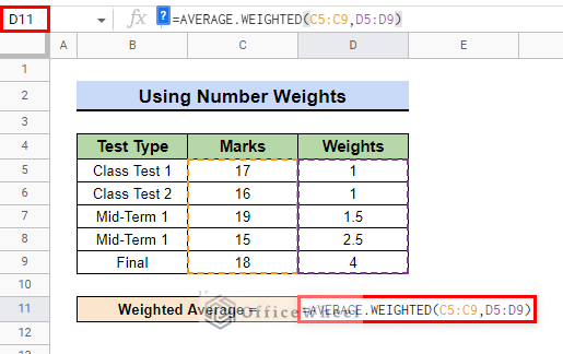 input formula for calculating weighted average using number weights
