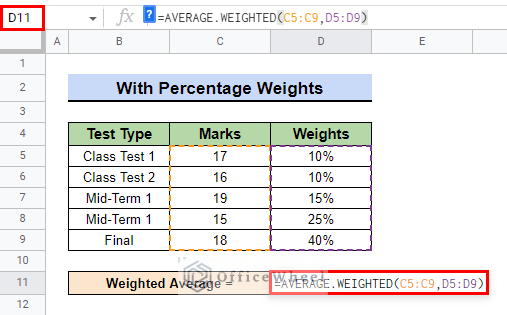 input formula for calculating weighted average with percentage weights for How to Calculate Weighted Average in Google Sheets