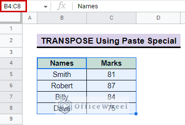 sample data table for Transpose using paste special method