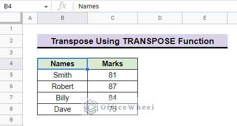dataset for transpose using TRANSPOSE function