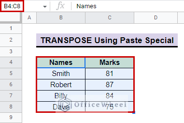 selection of specific table for transpose using paste special