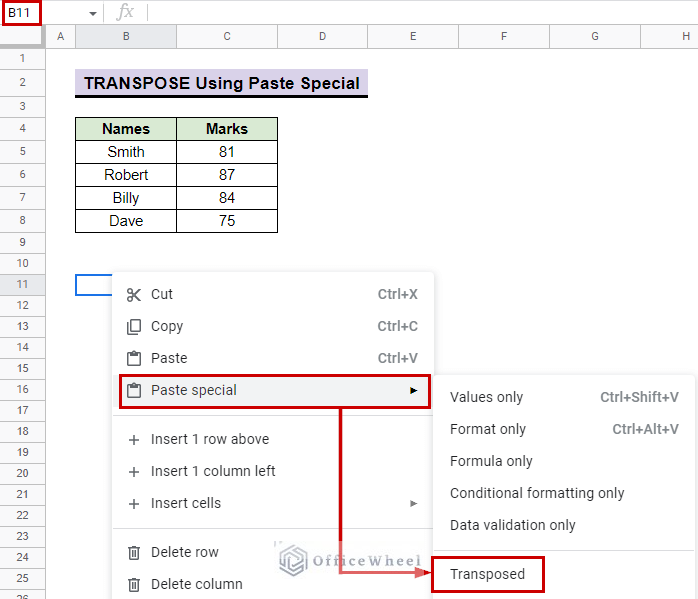 paste special for transpose using paste special for how to change columns to rows in google sheets