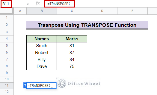input transpose function for how to change columns to rows in google sheets