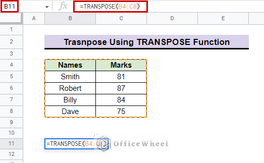 input table range for transpose using transpose function