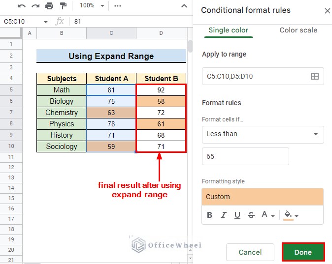 final result after copy paste conditional formatting using expand range method