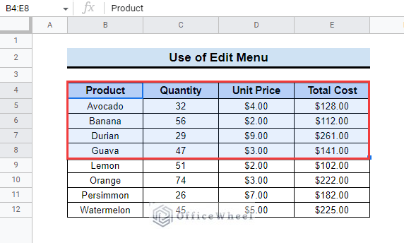 Using Edit Menu to copy and paste multiple cells in google sheets