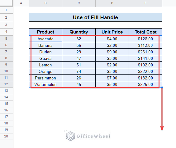 Applying Fill Handle Tool to copy and paste multiple cells in google sheets