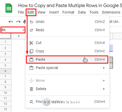 paste using the edit option in google sheets toolbar
