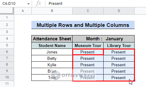 selecting multiple rows and columns for copying in google sheets