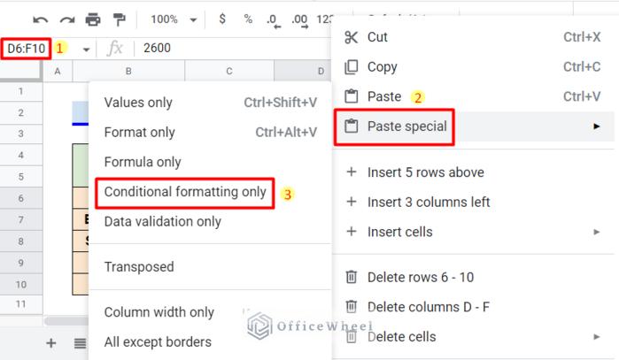 use Paste Special to copy Conditional Formatting in Google Sheets
