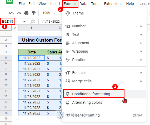 select conditional formatting to Highlight a Row If Date in Cell Is Today in Google Sheets