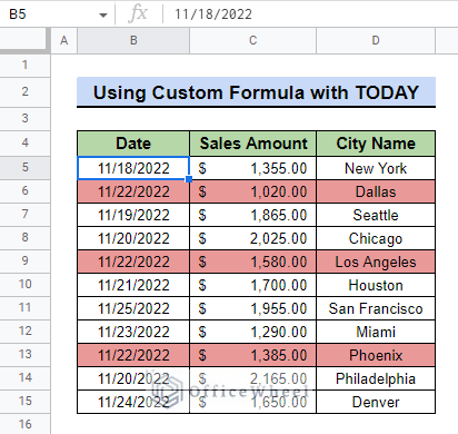final data table after using custom formula to Highlight a Row If Date in Cell Is Today in Google Sheets