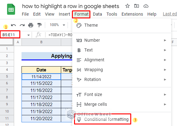 how to apply Conditional Formatting to highlight a row in Google Sheets