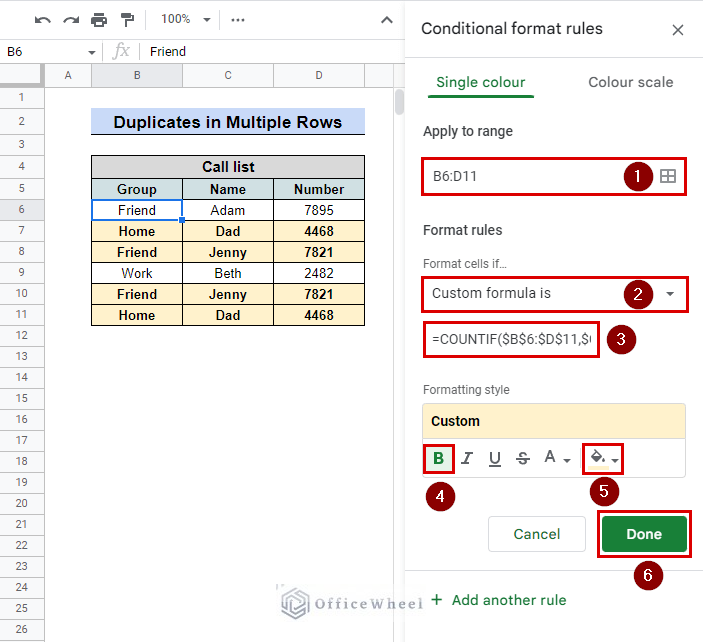 duplicate values bold and highlighted for multiple row in google sheets