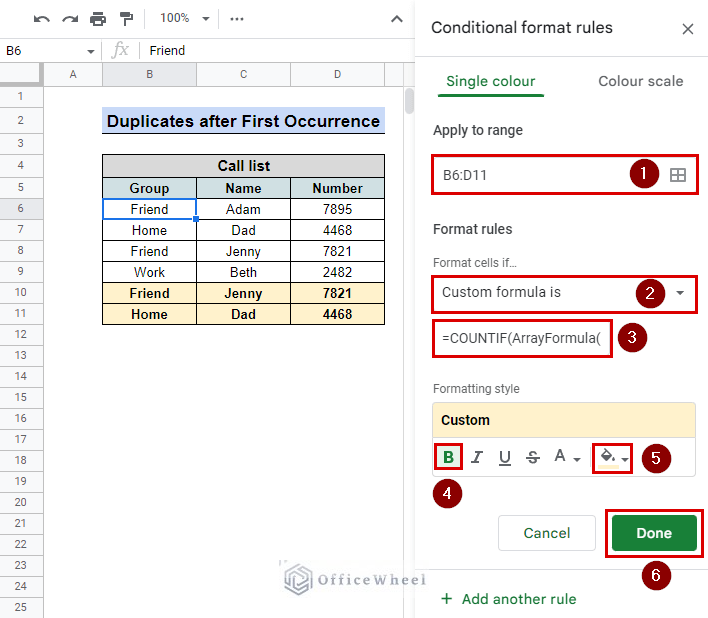 highlighted result of duplicates after first occurrence in google sheets