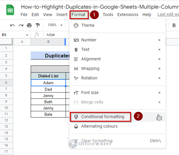 conditional formatting window for highlighting duplicates in the google sheets