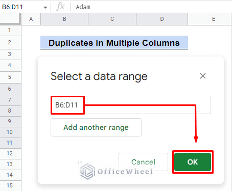 data range window pop up for selecting multiple columns