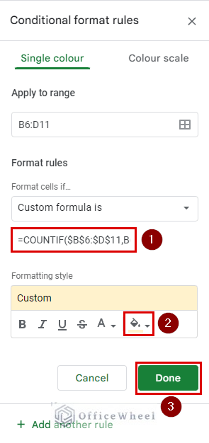 conditional format rules with countif and formatting style