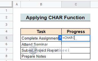 Apply CHAR function to insert check symbol in google sheets