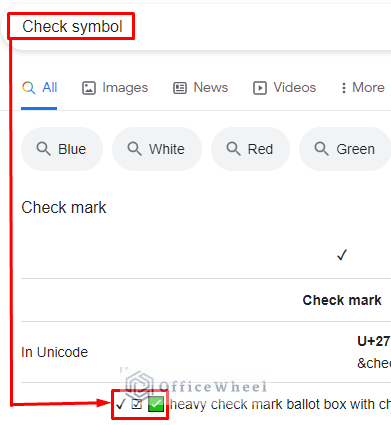 Google search for inserting check symbol 