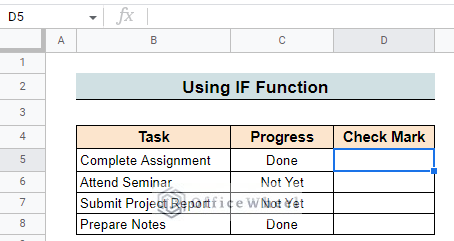 Utilizing IF function to insert check symbol in Google Sheets