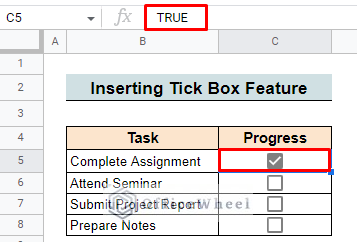 Select checkbox to insert the check symbol