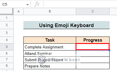Using emiji keyboard to insert check symbol in google sheets