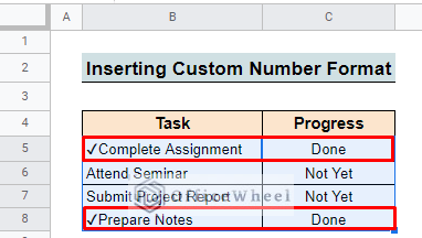 Use custom number format to insert check symbol