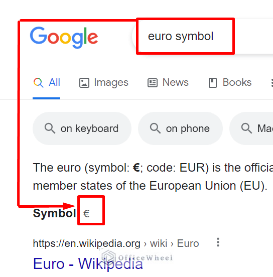 From google search insert euro symbol in google sheets