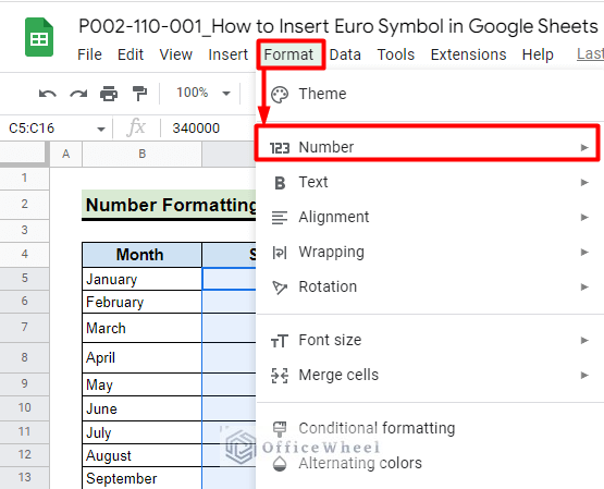 Using Number format from the format menu