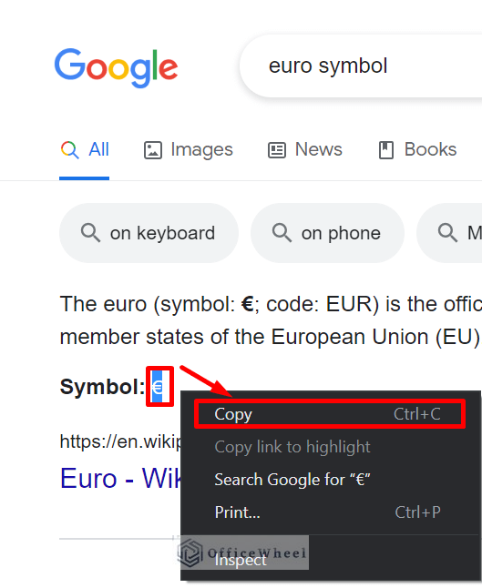 Insert Euro Symbol in google sheets from Google Search