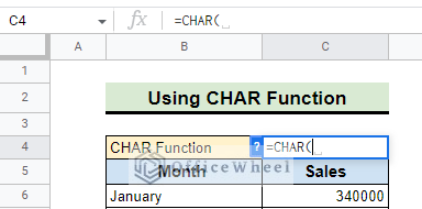 Insert CHAR function to add euro symbol in google sheets