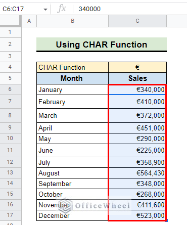 apply char function to insert euro symbol in google sheets